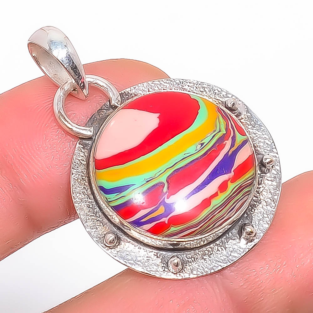 Rainbow Calsilica 925 Sterling Silver Pendant, Handmade Pendant, Round Pendant, Red Pendant, Unique Silver Pendant, Fine Pendant, Silver Jewelry Pendant