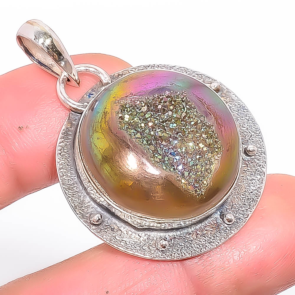 Titanium Purple Agate Drusy 925 Sterling Silver Pendant, Handmade Pendant, Round Pendant, Purple Pendant, Unique Silver Pendant, Fine Pendant, Silver Jewelry Pendant