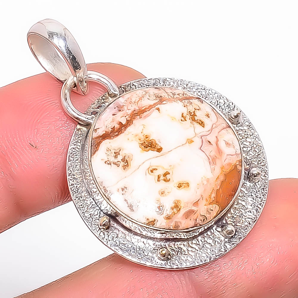 Rosetta Jasper 925 Sterling Silver Pendant, Handmade Pendant, Round Pendant, Orange Pendant, Unique Silver Pendant, Fine Pendant, Silver Jewelry Pendant
