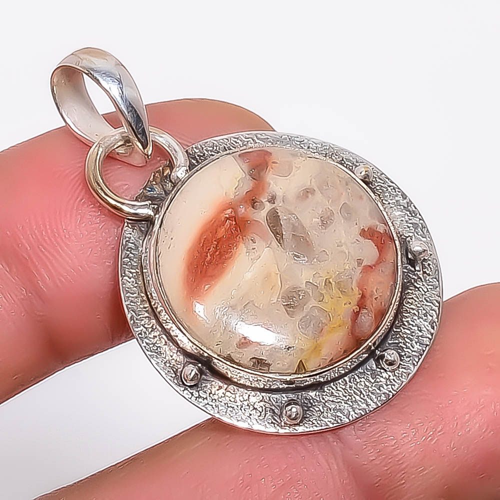 Petrified Peanut Wood Jasper 925 Sterling Silver Pendant, Handmade Pendant, Round Pendant, Brown Pendant, Unique Silver Pendant, Fine Pendant, Silver Jewelry Pendant