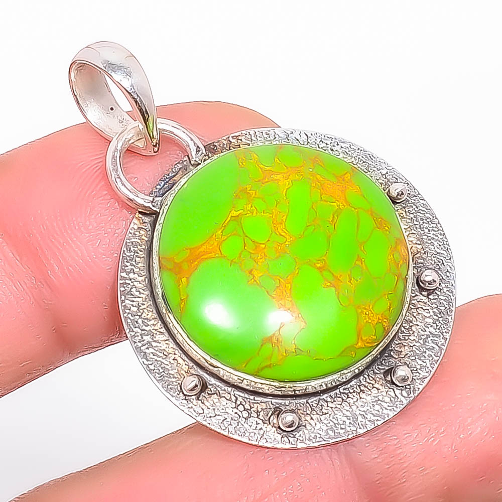 Copper Green Turquoise 925 Sterling Silver Pendant, Handmade Pendant, Round Pendant, Green Pendant, Unique Silver Pendant, Fine Pendant, Silver Jewelry Pendant