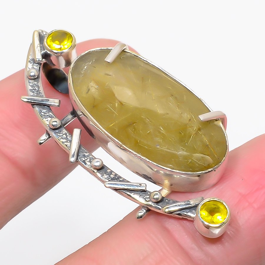 Golden Rutilated Quartz & Lemon Topaz 925 Sterling Silver Pendant, Handmade Pendant, Oval Pendant, Golden Pendant, Unique Silver Pendant, Fine Pendant, Silver Jewelry Pendant