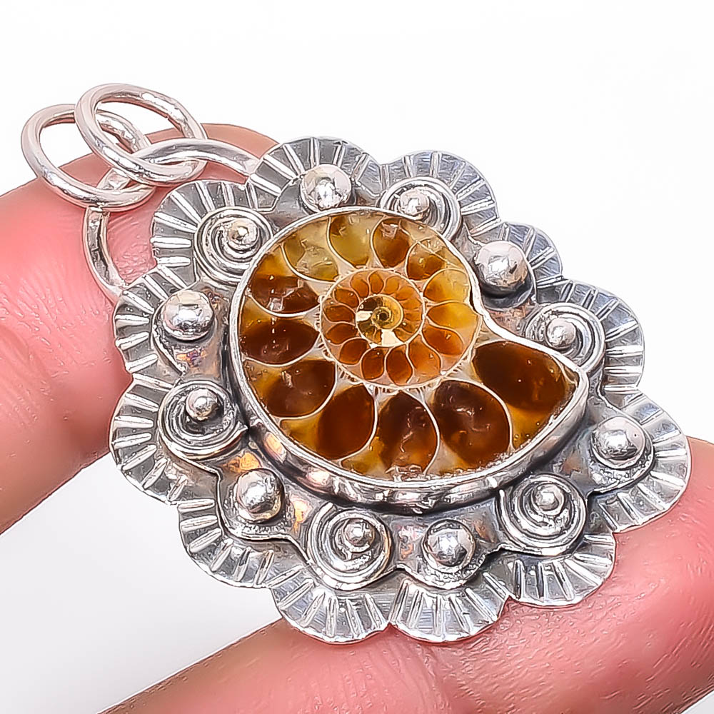 Ammonite - Fossil 925 Sterling Silver Pendant, Handmade Pendant, Pear Pendant, Brown Pendant, Unique Silver Pendant, Fine Pendant, Silver Jewelry Pendant