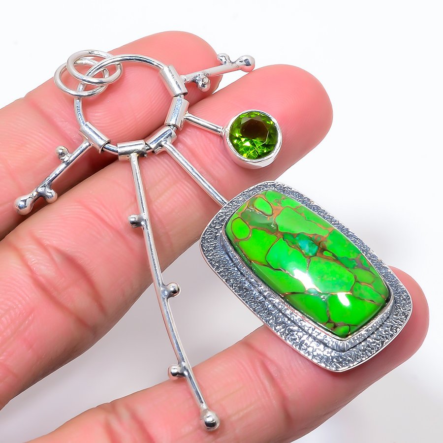 Copper Mohave Green Turquoise & Peridot 925 Sterling Silver Pendant, Handmade Pendant, Cushion Pendant, Green Pendant, Unique Silver Pendant, Fine Pendant, Silver Jewelry Pendant