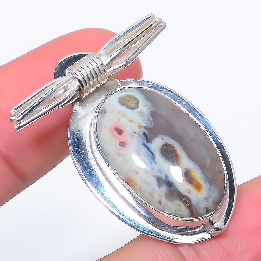 Ocean Jasper 925 Sterling Silver Pendant, Handmade Pendant, Oval Pendant, Green Pendant, Unique Silver Pendant, Fine Pendant, Silver Jewelry Pendant