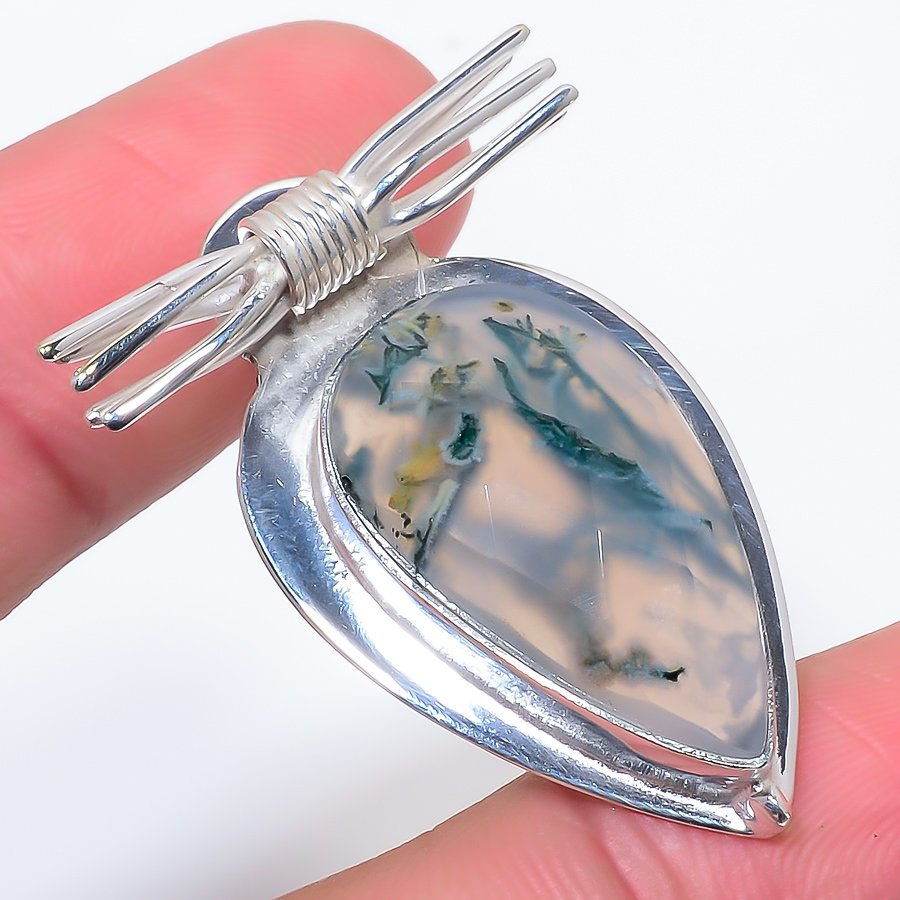 Moss Agate 925 Sterling Silver Pendant, Handmade Pendant, Pear Pendant, Green Pendant, Unique Silver Pendant, Fine Pendant, Silver Jewelry Pendant