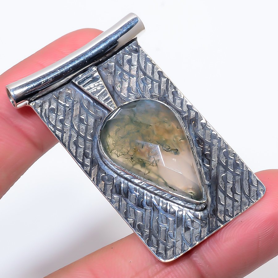 Moss Agate 925 Sterling Silver Pendant, Handmade Pendant, Pear Pendant, Green Pendant, Unique Silver Pendant, Fine Pendant, Silver Jewelry Pendant