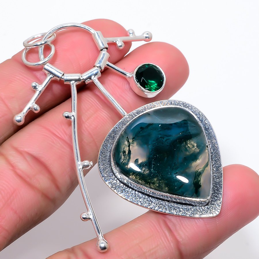 Moss Agate & Emerald 925 Sterling Silver Pendant, Handmade Pendant, Pear Pendant, Green Pendant, Unique Silver Pendant, Fine Pendant, Silver Jewelry Pendant