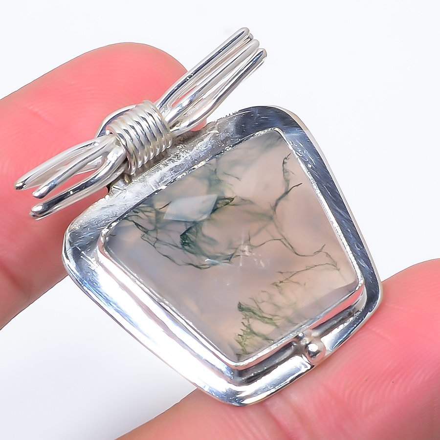 Moss Agate 925 Sterling Silver Pendant, Handmade Pendant, Teapured Baguette Pendant, Green Pendant, Unique Silver Pendant, Fine Pendant, Silver Jewelry Pendant