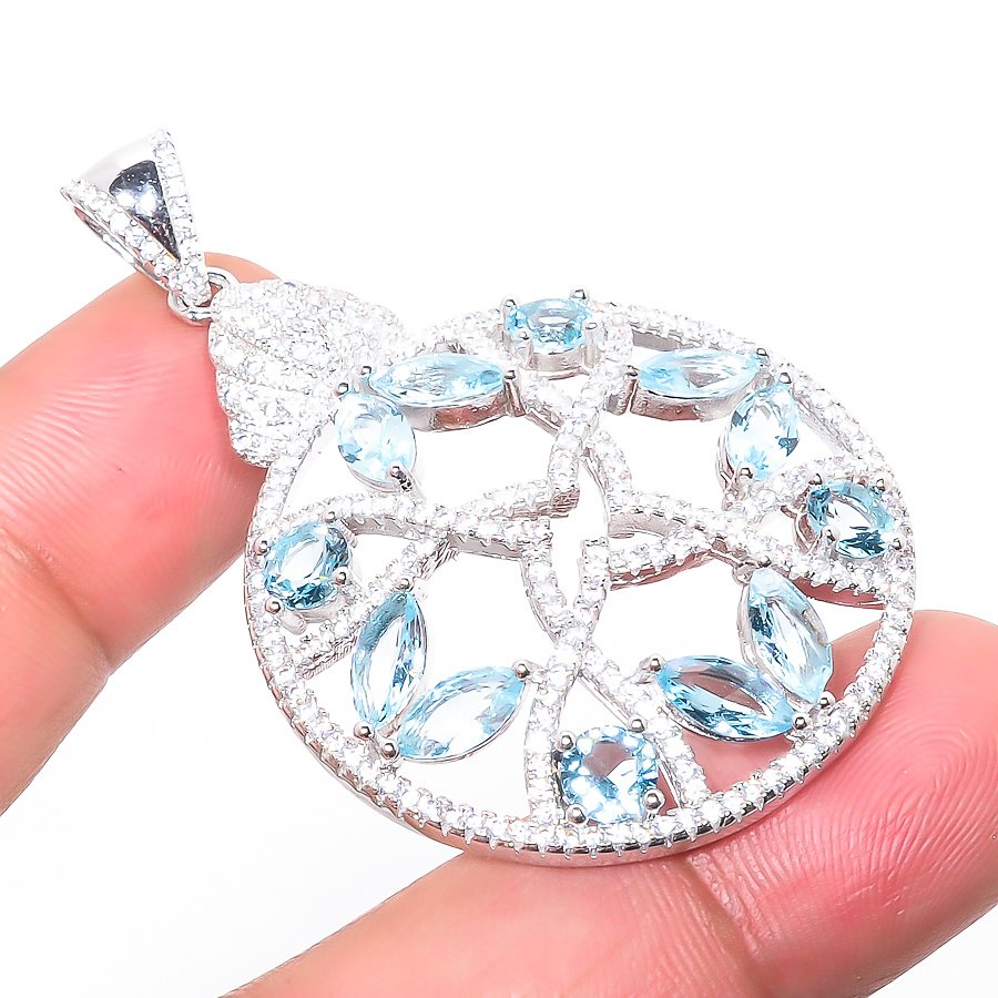 Blue Topaz & White Topaz 925 Sterling Silver Pendant, Handmade Pendant, Marquise Pendant, Blue Pendant, Unique Silver Pendant, Fine Pendant, Silver Jewelry Pendant