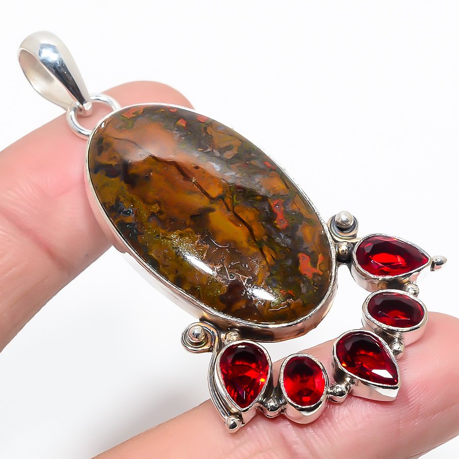 Teepee Canyon Agate & Garnet 925 Sterling Silver Pendant, Handmade Pendant, Oval Pendant, Red Pendant, Unique Silver Pendant, Fine Pendant, Silver Jewelry Pendant