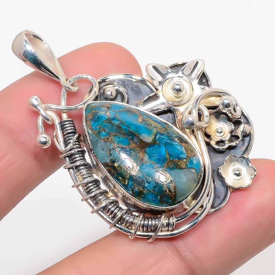 Arizona Blue Copper Turquoise 925 Sterling Silver Pendant, Handmade Pendant, Pear Pendant, Blue Pendant, Unique Silver Pendant, Fine Pendant, Silver Jewelry Pendant