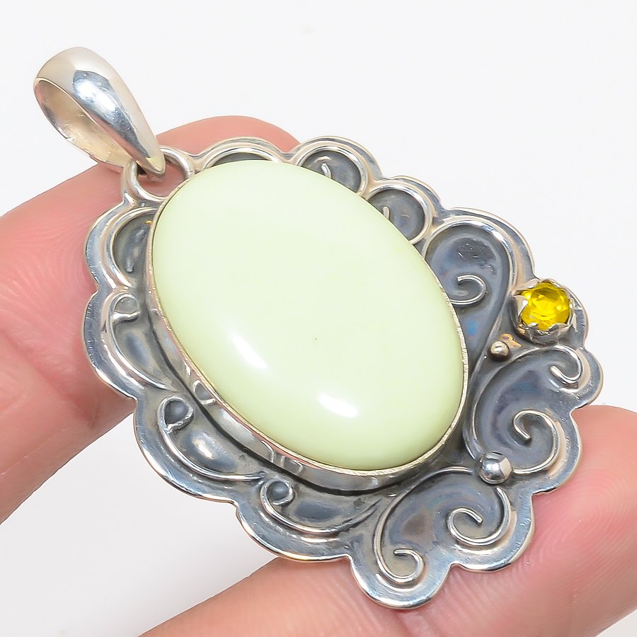 Lemon Chrysoprase & Citrine 925 Sterling Silver Pendant, Handmade Pendant, Oval Pendant, Yellow Pendant, Unique Silver Pendant, Fine Pendant, Silver Jewelry Pendant