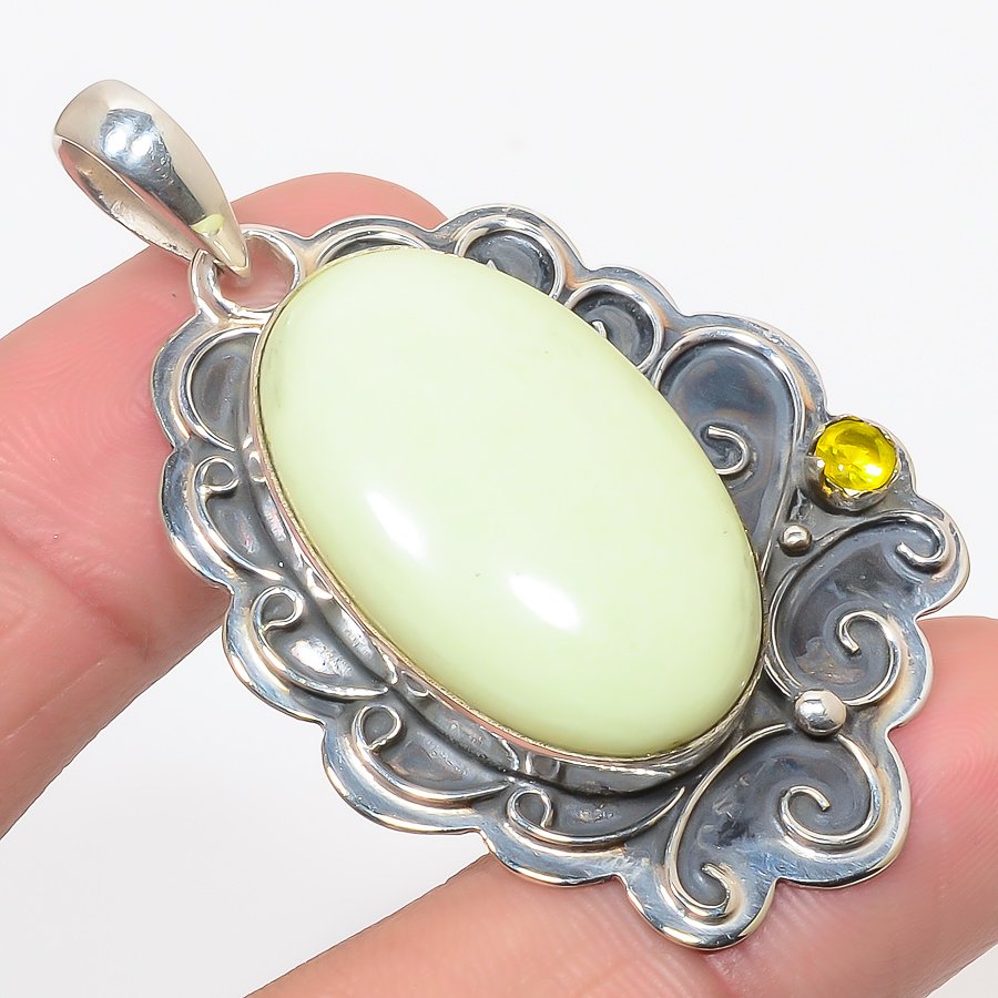 Lemon Chrysoprase & Citrine 925 Sterling Silver Pendant, Handmade Pendant, Oval Pendant, Yellow Pendant, Unique Silver Pendant, Fine Pendant, Silver Jewelry Pendant