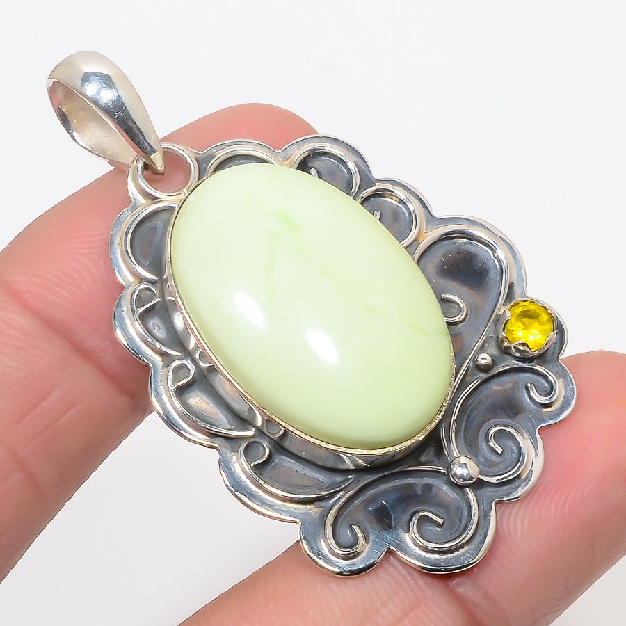 Lemon Chrysoprase & Citrine 925 Sterling Silver Pendant, Handmade Pendant, Oval Pendant, Yellow Pendant, Unique Silver Pendant, Fine Pendant, Silver Jewelry Pendant