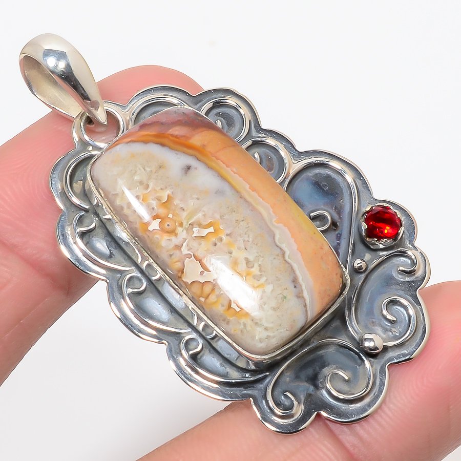 Laguna Crazy Lace Agate & Garnet 925 Sterling Silver Pendant, Handmade Pendant, Cushion Pendant, Yellow Pendant, Unique Silver Pendant, Fine Pendant, Silver Jewelry Pendant