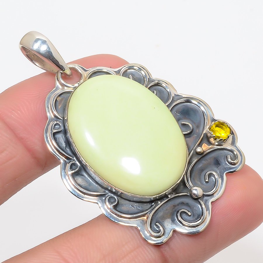 Lemon Chrysoprase & Citrine 925 Sterling Silver Pendant, Handmade Pendant, Oval Pendant, Yellow Pendant, Unique Silver Pendant, Fine Pendant, Silver Jewelry Pendant