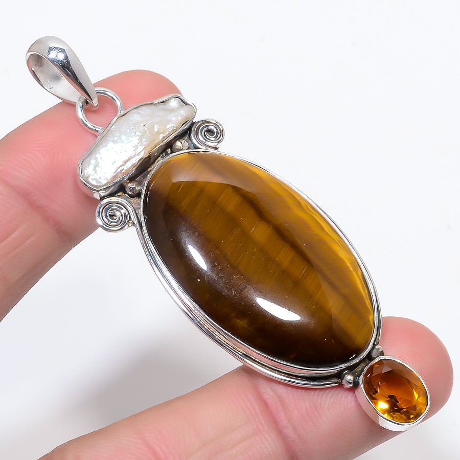 Yellow Tiger Eye, Biwa Pearl, Smoky Topaz 925 Sterling Silver Pendant, Handmade Pendant, Round Pendant, Yellow Pendant, Unique Silver Pendant, Fine Pendant, Silver Jewelry Pendant