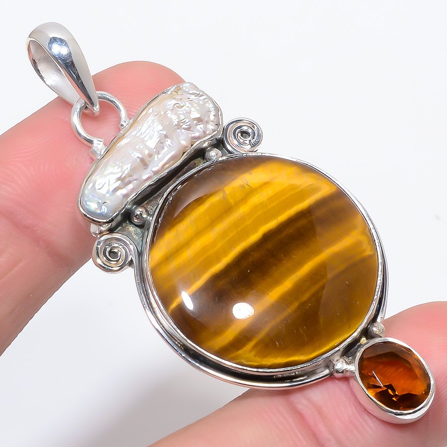 Yellow Tiger Eye & Biwa Pearl & Smoky Topaz 925 Sterling Silver Pendant, Handmade Pendant, Oval Pendant, Yellow Pendant, Unique Silver Pendant, Fine Pendant, Silver Jewelry Pendant