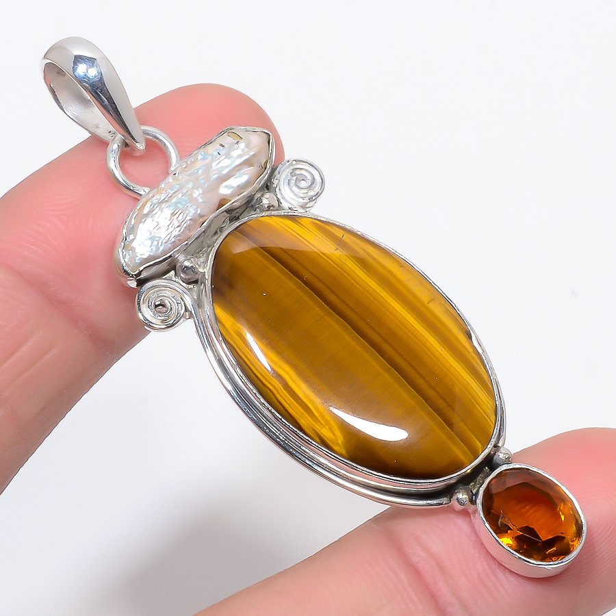 Yellow Tiger Eye & Biwa Pearl & Smoky Topaz 925 Sterling Silver Pendant, Handmade Pendant, Round Pendant, Yellow Pendant, Unique Silver Pendant, Fine Pendant, Silver Jewelry Pendant
