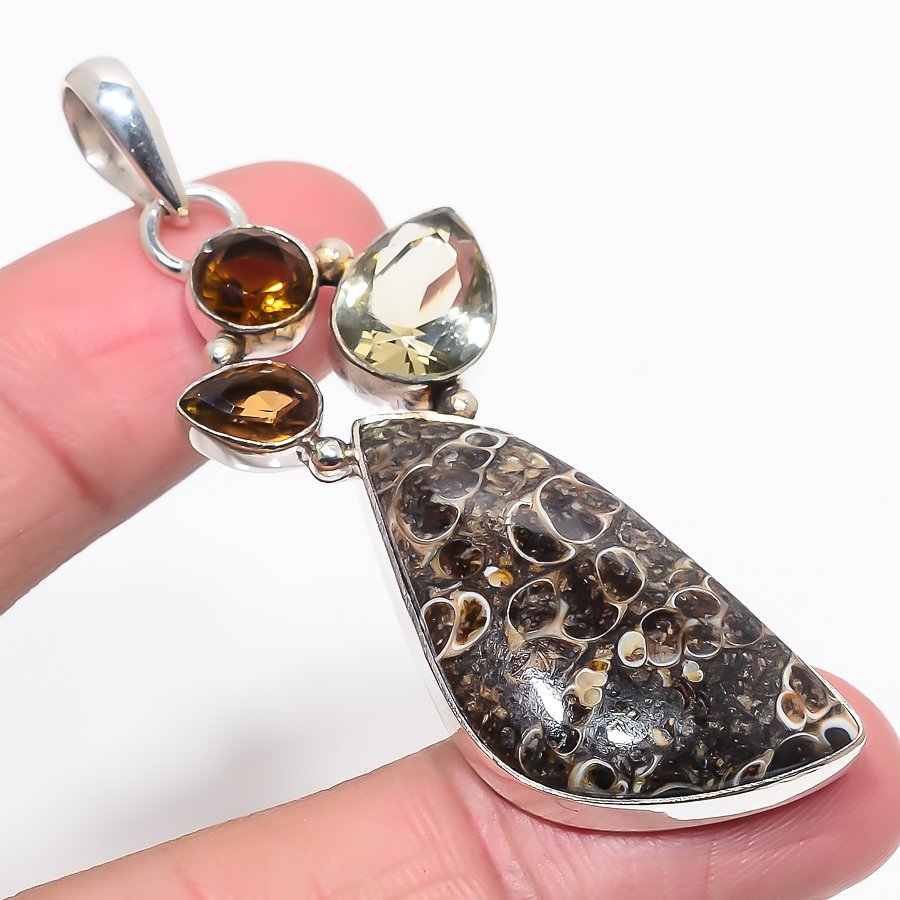 Turritella Fossil Agate & Smoky Quartz 925 Sterling Silver Pendant, Handmade Pendant, Trillion Pendant, Brown Pendant, Unique Silver Pendant, Fine Pendant, Silver Jewelry Pendant