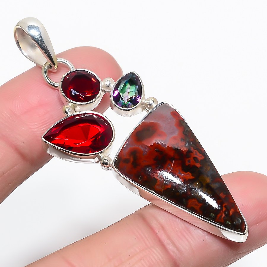 Teepee Canyon Agate & Garnet & Mystic Topaz 925 Sterling Silver Pendant, Handmade Pendant, Trillion Pendant, Red Pendant, Unique Silver Pendant, Fine Pendant, Silver Jewelry Pendant