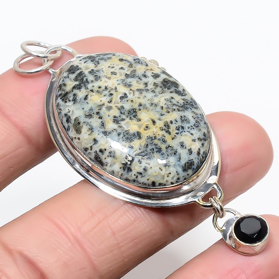 Chalco Pyrite & Black Onyx 925 Sterling Silver Pendant, Handmade Pendant, Oval Pendant, Gray Pendant, Unique Silver Pendant, Fine Pendant, Silver Jewelry Pendant