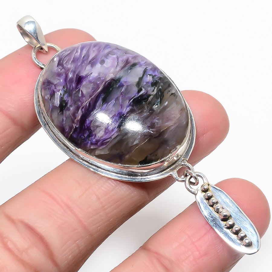 Charoite 925 Sterling Silver Pendant, Handmade Pendant, Oval Pendant, Purple Pendant, Unique Silver Pendant, Fine Pendant, Silver Jewelry Pendant