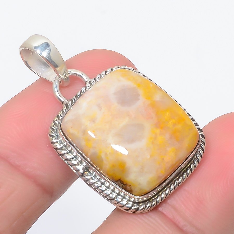 Fossil Coral 925 Sterling Silver Pendant, Handmade Pendant, Cushion Pendant, Yellow Pendant, Unique Silver Pendant, Fine Pendant, Silver Jewelry Pendant