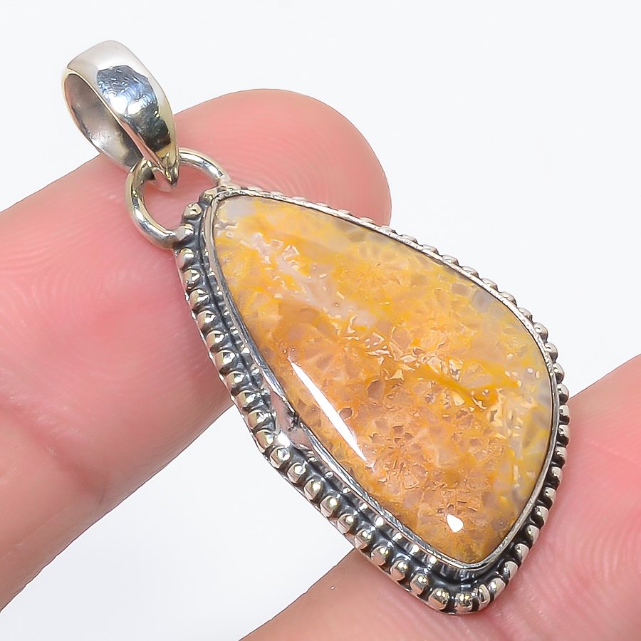 Fossil Coral 925 Sterling Silver Pendant, Handmade Pendant, Trillion Pendant, Yellow Pendant, Unique Silver Pendant, Fine Pendant, Silver Jewelry Pendant