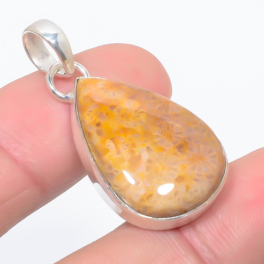 Fossil Coral 925 Sterling Silver Pendant, Handmade Pendant, Pear Pendant, Yellow Pendant, Unique Silver Pendant, Fine Pendant, Silver Jewelry Pendant