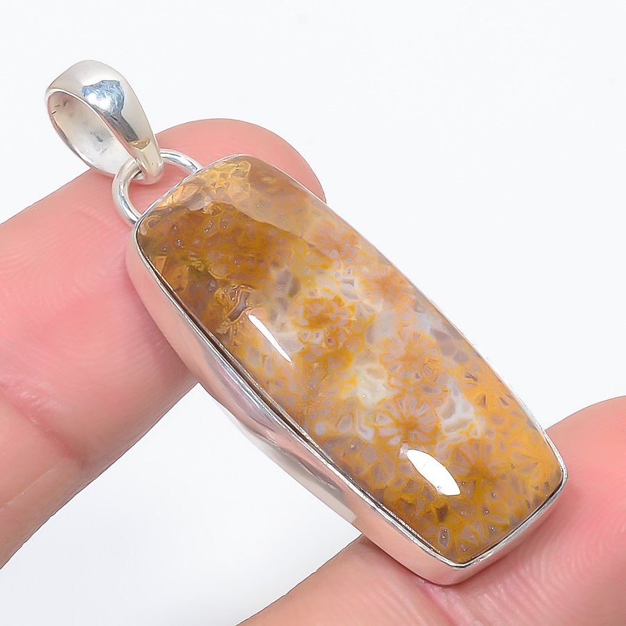 Fossil Coral 925 Sterling Silver Pendant, Handmade Pendant, Cushion Pendant, Yellow Pendant, Unique Silver Pendant, Fine Pendant, Silver Jewelry Pendant