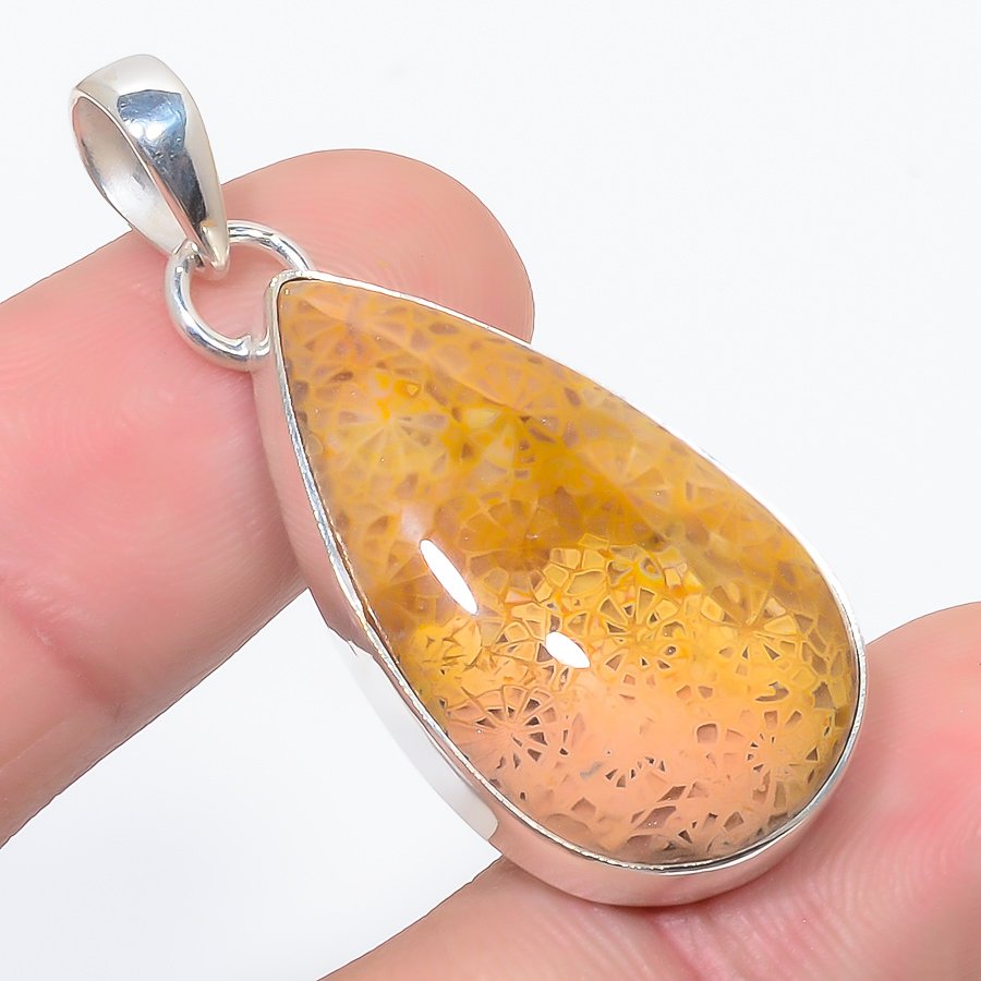Fossil Coral 925 Sterling Silver Pendant, Handmade Pendant, Pear Pendant, Yellow Pendant, Unique Silver Pendant, Fine Pendant, Silver Jewelry Pendant