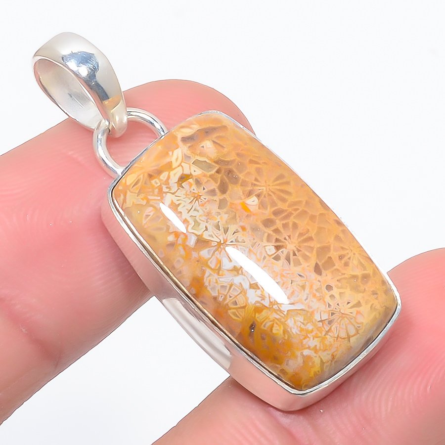 Fossil Coral 925 Sterling Silver Pendant, Handmade Pendant, Cushion Pendant, Yellow Pendant, Unique Silver Pendant, Fine Pendant, Silver Jewelry Pendant