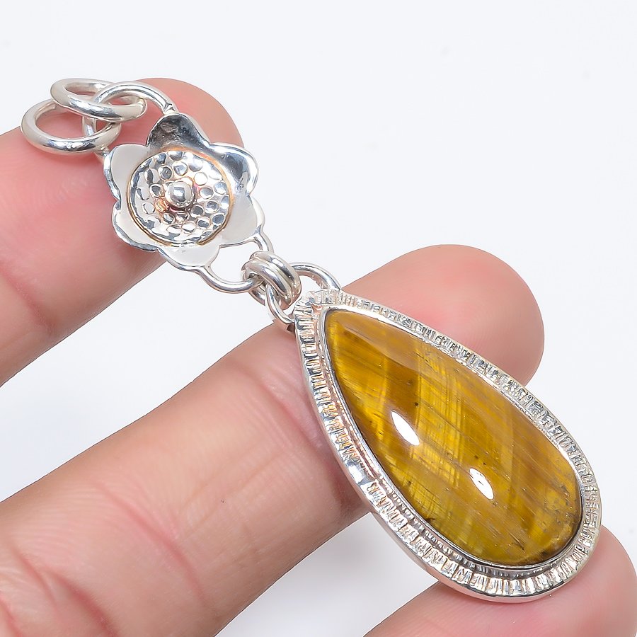 Yellow Tiger Eye 925 Sterling Silver Pendant, Handmade Pendant, Pear Pendant, Yellow Pendant, Unique Silver Pendant, Fine Pendant, Silver Jewelry Pendant
