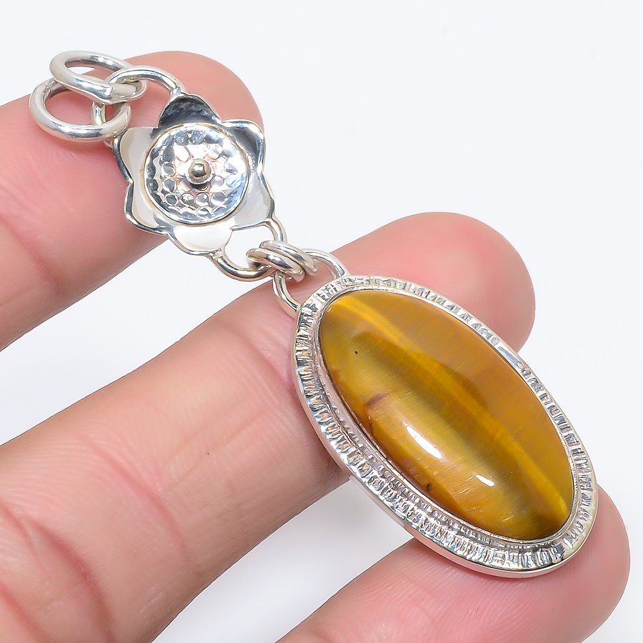 Yellow Tiger Eye 925 Sterling Silver Pendant, Handmade Pendant, Oval Pendant, Yellow Pendant, Unique Silver Pendant, Fine Pendant, Silver Jewelry Pendant