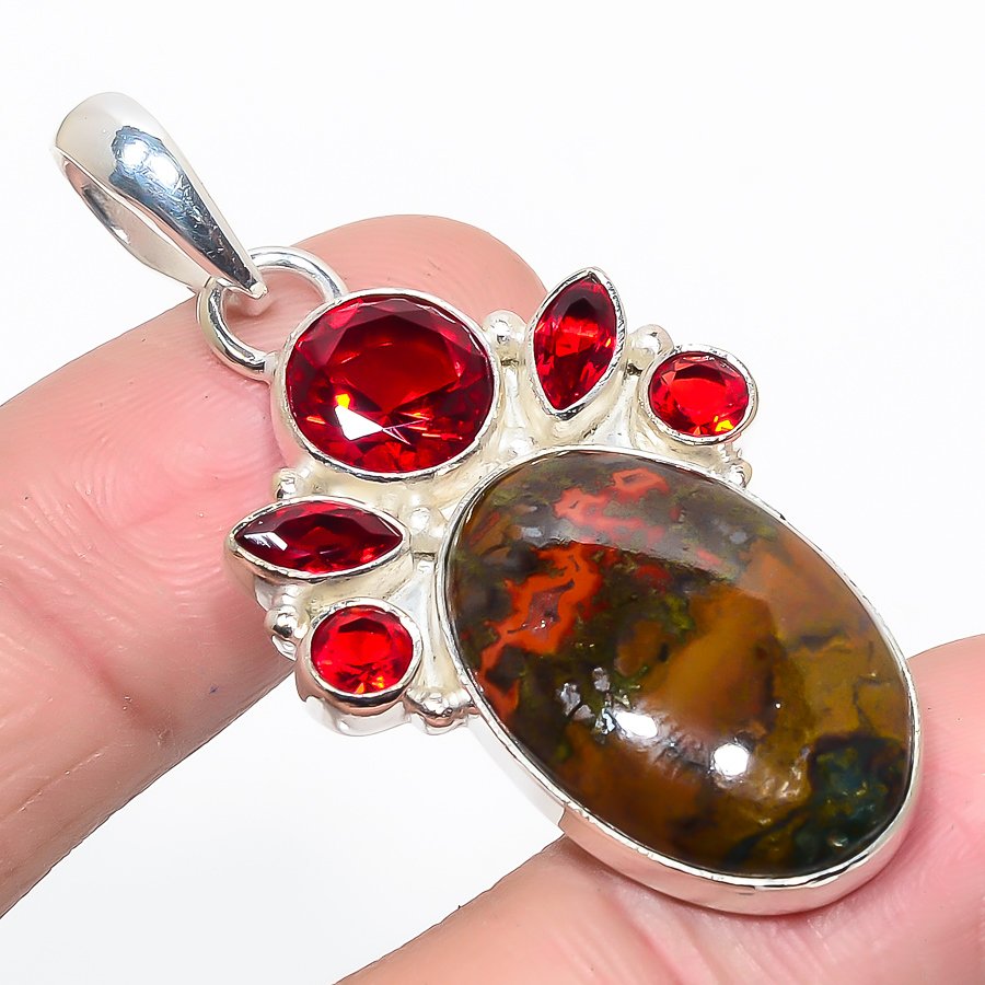 Teepee Canyon Agate & Garnet 925 Sterling Silver Pendant, Handmade Pendant, Oval Pendant, Red Pendant, Unique Silver Pendant, Fine Pendant, Silver Jewelry Pendant
