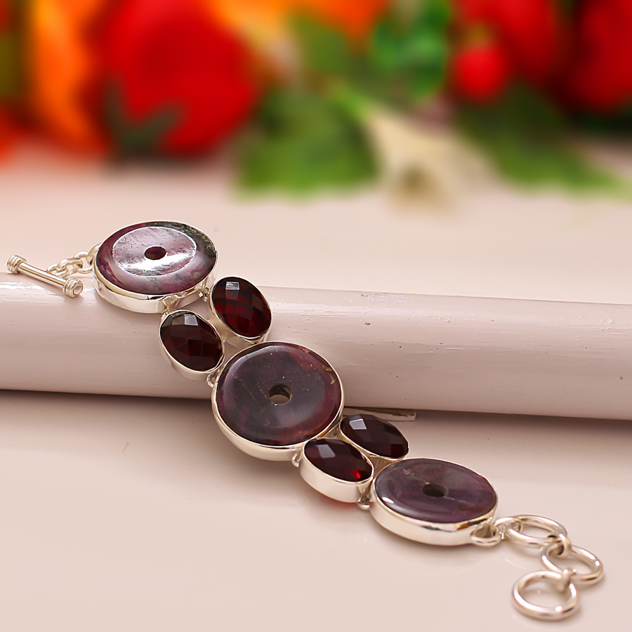 Attractive Rhodonite Nugget,Garnet 925 Sterling Silver Bracelet 