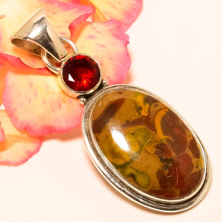 Rainforest Jasper & Garnet 925 Sterling Silver Pendant, Handmade Pendant, Oval Pendant, Green Pendant, Unique Silver Pendant, Fine Pendant, Silver Jewelry Pendant