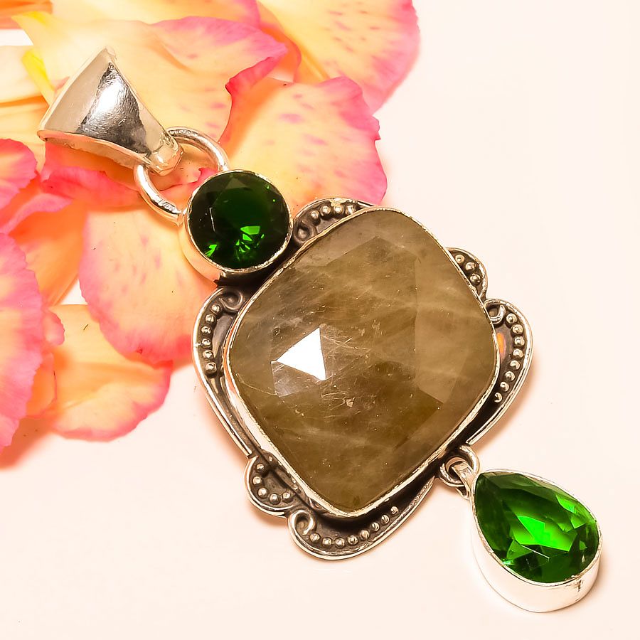 Umba Sapphire, Chrome 925 Sterling Silver Pendant, Handmade Pendant, Cushion Pendant, Green Pendant, Unique Silver Pendant, Fine Pendant, Silver Jewelry Pendant