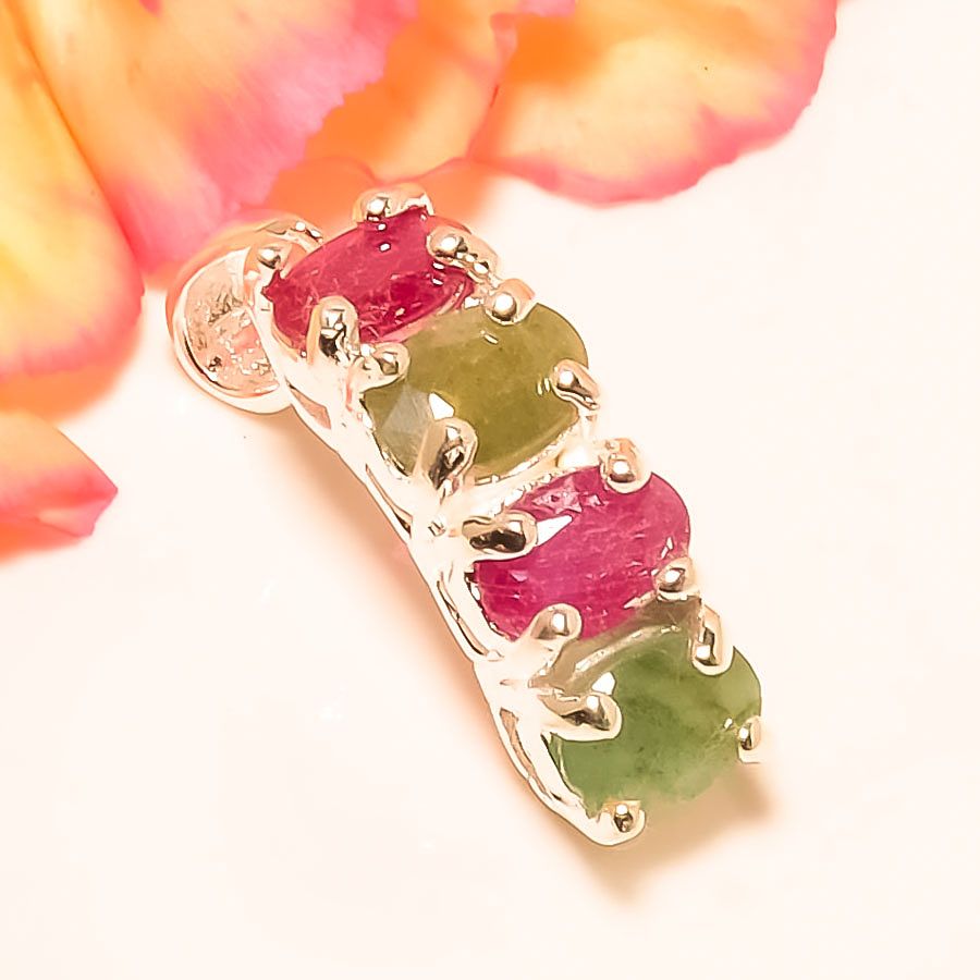 Ruby & Emerald 925 Sterling Silver Pendant, Handmade Pendant, Oval Pendant, Red Pendant, Unique Silver Pendant, Fine Pendant, Silver Jewelry Pendant