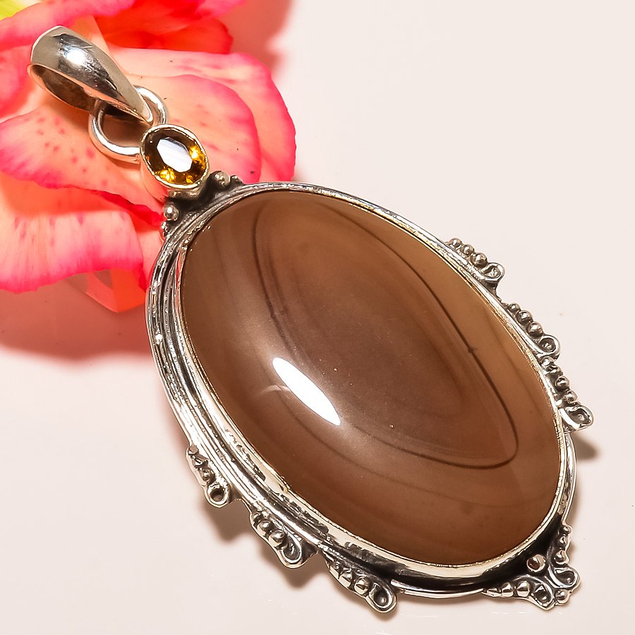 Imperial Jasper & Smoky Quartz 925 Sterling Silver Pendant, Handmade Pendant, Oval Pendant, Brown Pendant, Unique Silver Pendant, Fine Pendant, Silver Jewelry Pendant