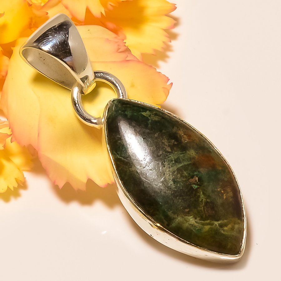 Chrysocolla 925 Sterling Silver Pendant, Handmade Pendant, Marquise Pendant, Green Pendant, Unique Silver Pendant, Fine Pendant, Silver Jewelry Pendant