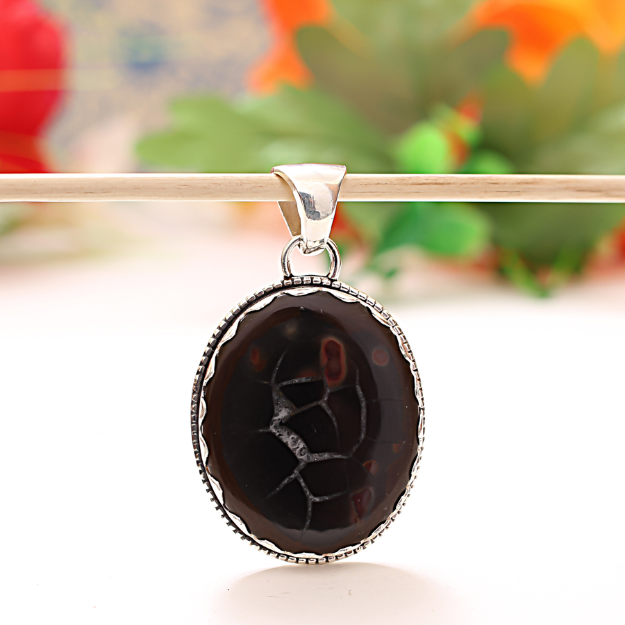 Septerian Stone 925 Sterling Silver Pendant, Handmade Pendant, Oval Pendant, Brown Pendant, Unique Silver Pendant, Fine Pendant, Silver Jewelry Pendant