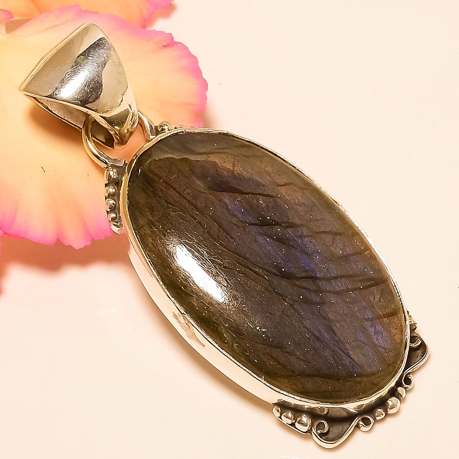 Labradorite 925 Sterling Silver Pendant, Handmade Pendant, Oval Pendant, Black Pendant, Unique Silver Pendant, Fine Pendant, Silver Jewelry Pendant