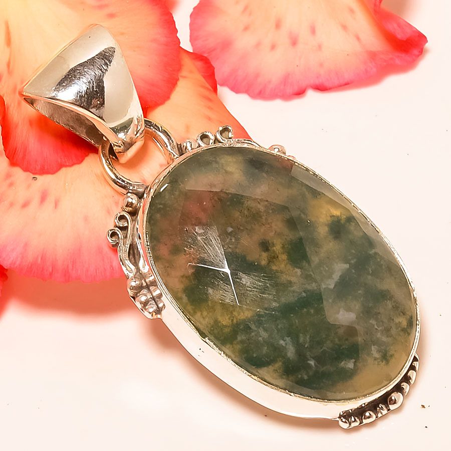 Moss Opal 925 Sterling Silver Pendant, Handmade Pendant, Oval Pendant, White Pendant, Unique Silver Pendant, Fine Pendant, Silver Jewelry Pendant