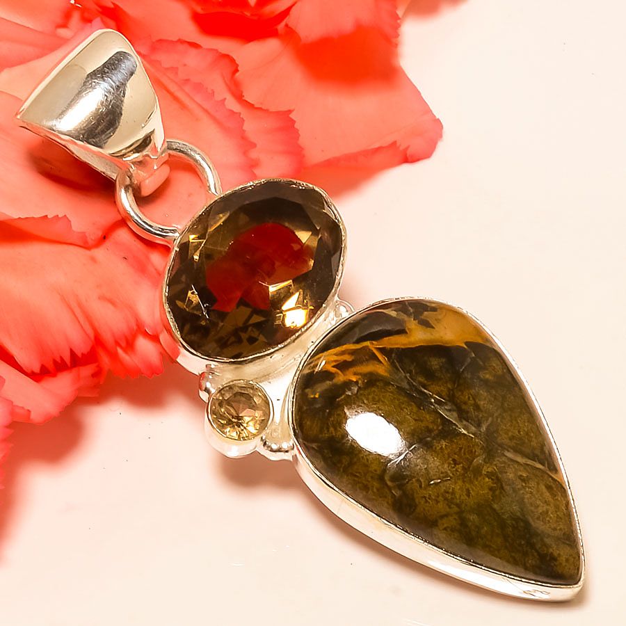 Picasso Jasper & Smoky Quartz 925 Sterling Silver Pendant, Handmade Pendant, Pear Pendant, Black Pendant, Unique Silver Pendant, Fine Pendant, Silver Jewelry Pendant
