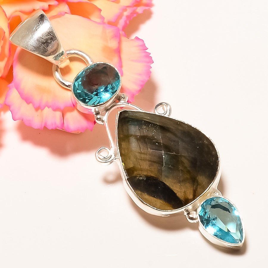 Labradorite & Blue Topaz 925 Sterling Silver Pendant, Handmade Pendant, Pear Pendant, Black Pendant, Unique Silver Pendant, Fine Pendant, Silver Jewelry Pendant