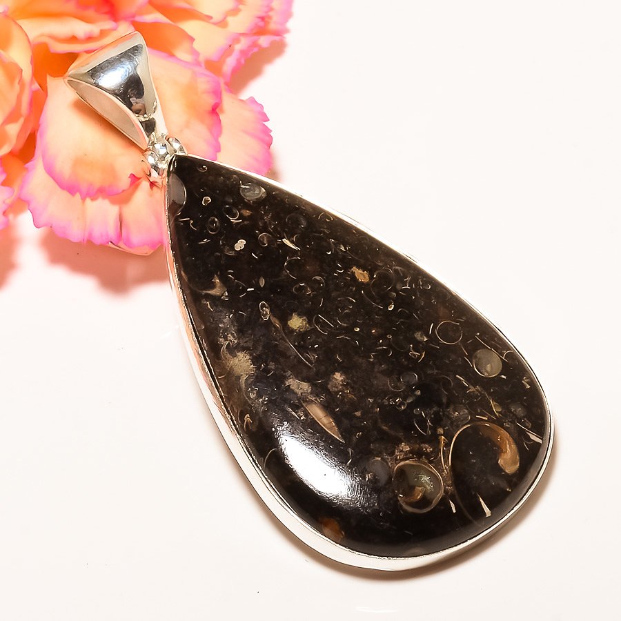 Turritella Fossil Agate 925 Sterling Silver Pendant, Handmade Pendant, Pear Pendant, Brown Pendant, Unique Silver Pendant, Fine Pendant, Silver Jewelry Pendant