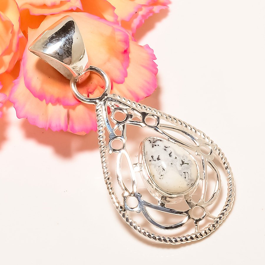 Dendritic Opal 925 Sterling Silver Pendant, Handmade Pendant, Pear Pendant, White Pendant, Unique Silver Pendant, Fine Pendant, Silver Jewelry Pendant